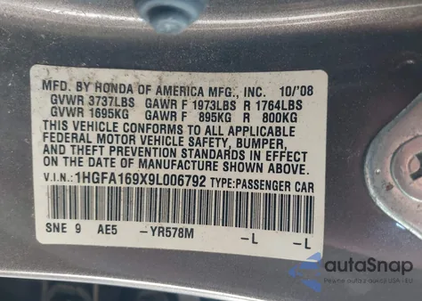 2009 Honda Civic Ex-L from USA, damaged, VIN 1HGFA169X9L006792